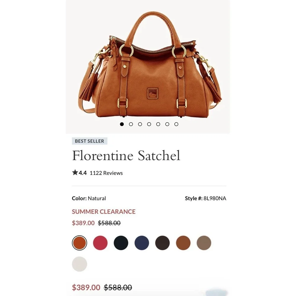 Dooney & Bourke Florentine Natural Satchel, Zip Tassel, Strap, Gold, Pockets